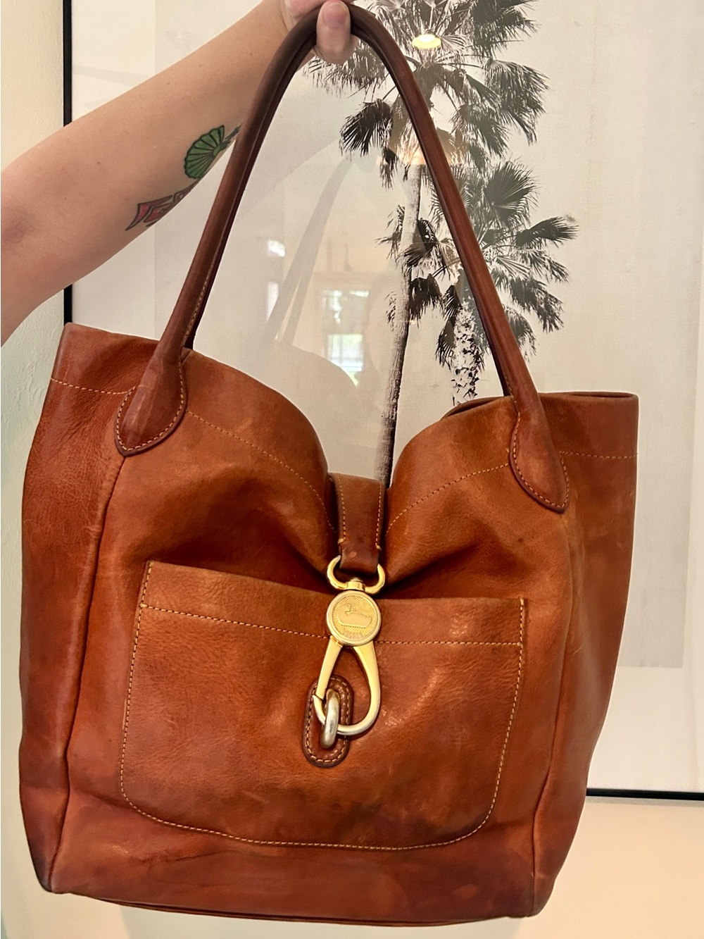 Dooney & Bourke Rustic Cognac Leather Tote with Gold Hardware